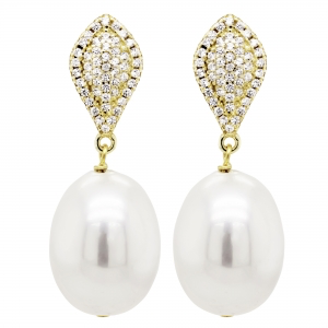 Sterling silver pave stud earrings with shell pearls hanging down