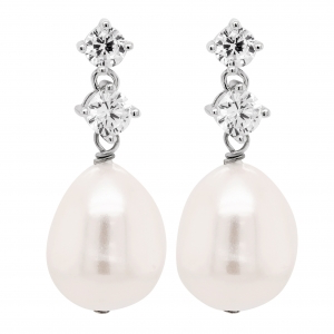 Sterling silver shell pearl earring hanging off two graduating cz’s
