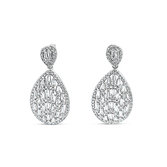 Sterling silver teardrop earring with baguette diamond center