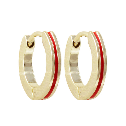 Surgical steel hypoallergenic kids gold huggy hoop with red enamel