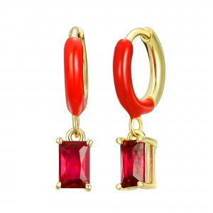 Surgical steel red enamel earring with ruby hanging down