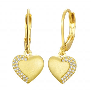 Surgical steel hypoallergenic puffed matte heart earrings with cz diamond rim on side