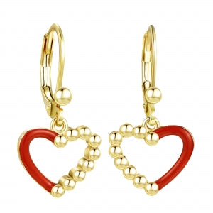 Surgical steel hypoallergenic red enamel hanging open heart earring with beaded edges