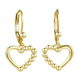 Surgical steel hypoallergenic gold hanging open heart earring with beaded edges