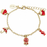 Kids Gold chain bracelet with red enamel charms, umbrella, pocketbook, cupcake, candy and lollipop