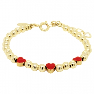 Baby bracelet with gold beads and three red hearts in center