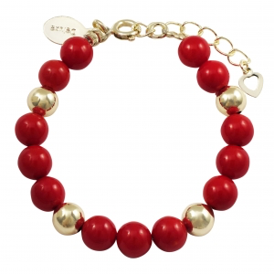 Kids bracelet with large red and gold patterned pearls