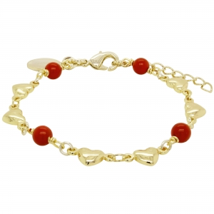 Baby bracelet with gold heart chain and scattered red pearls