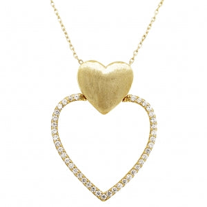 Sterling silver brushed gold puffed heart with open diamond heart hanging