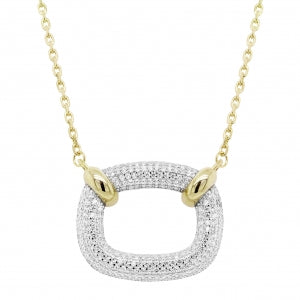 Sterling silver large pave open square with gold paper clip chain necklace