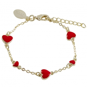 Baby bracelet with red enamel hearts scattered on gold chain