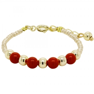 Baby bracelet with red pearl and gold ball patterned in center