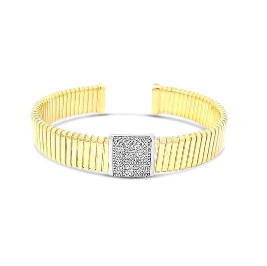 Italian vermeil thick ribbed bangle with cz diamond square in center