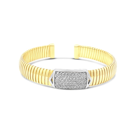 Italian vermeil thick ribbed bangle with cz diamond bar in center