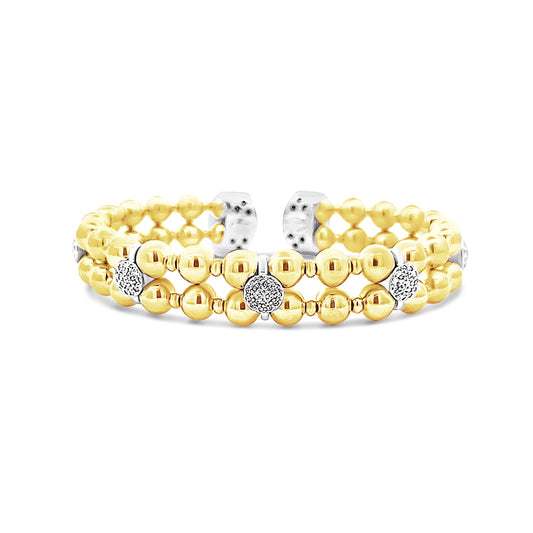 Italian vermeil two row gold beaded bangle with scattered cz diamond clusters