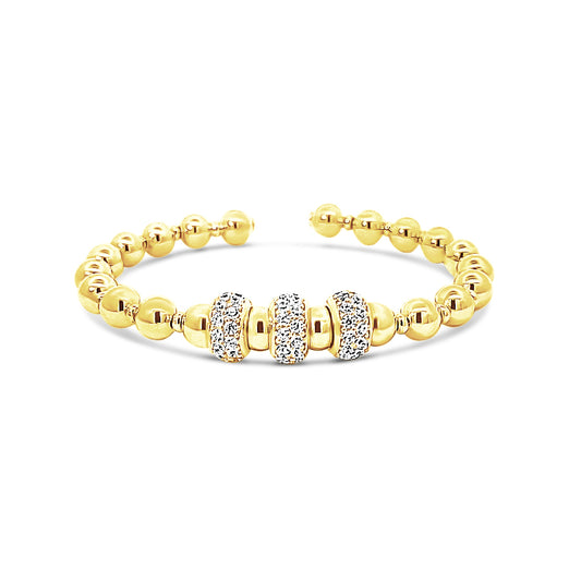 Italian vermeil single row bangle with gold balls and cz diamond rings in center