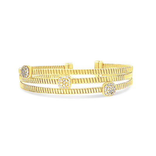 Italian vermeil three row bangle with scattered cz diamond clusters