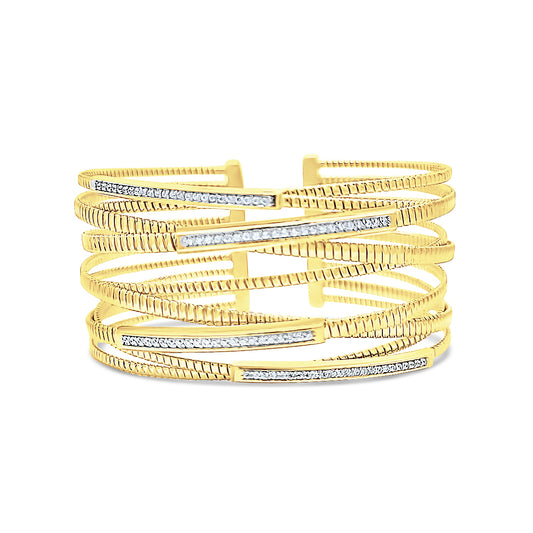 Italian vermeil multi row crisscross cuff with diamond cz bars