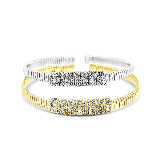 Italian vermeil coil wrapped bangle with cz diamond bar in center