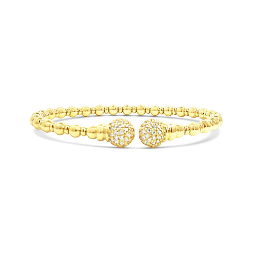 Italian vermeil gold open front beaded bangle with pave balls on ends