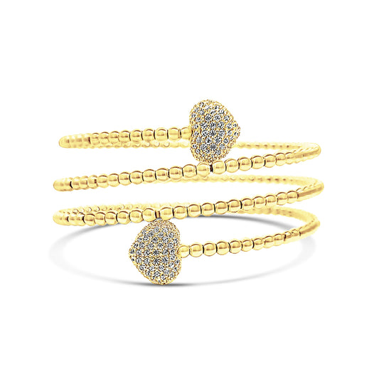 Italian vermeil wrap around gold beaded bangle with pave cz diamond hearts on ends