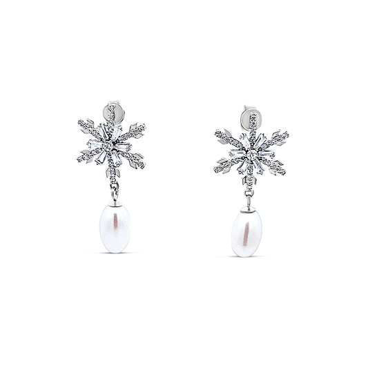 Sterling silver diamond starburst earring with hanging pearl