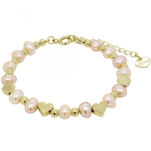 Baby bracelet with pattern on pink pearls and gold hearts