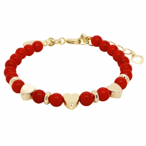 Baby bracelet with red beaded pearls and gold hearts in center