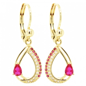 Surgical steel hanging tear drop earrings with ruby and cz diamond