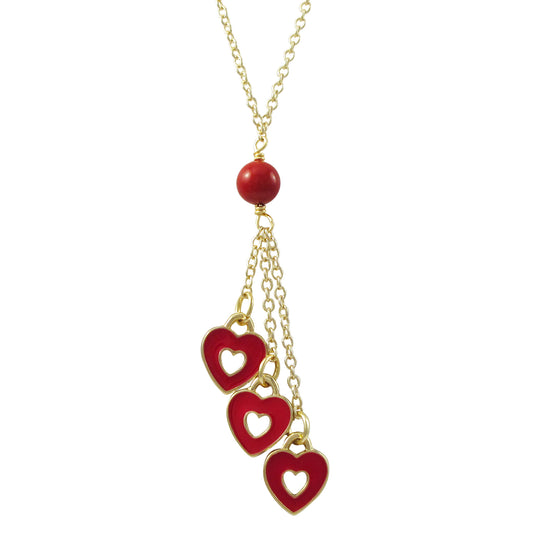 Lariat necklace with triple red enamel hearts