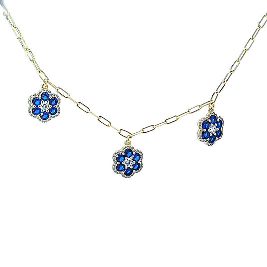 Sterling silver paperclip chain necklace with sapphire flower designs hanging