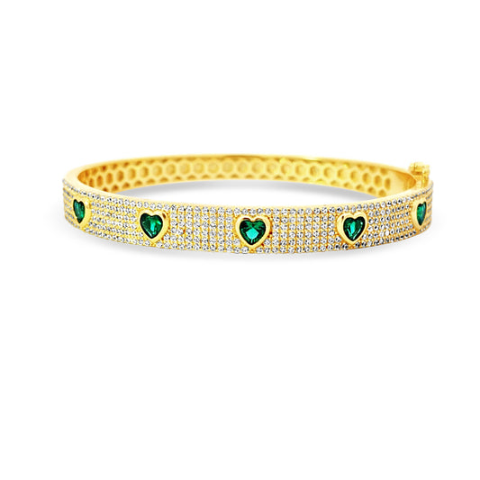 Sterling silver pave bangle with scattered green hearts