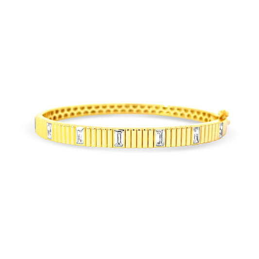 Sterling silver bezel set emerald cut cz diamond bangle in yellow gold