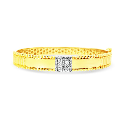 Sterling silver shiny yellow gold cuff bangle with square pave in center