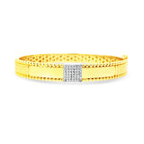 Sterling silver shiny yellow gold cuff bangle with square pave in center