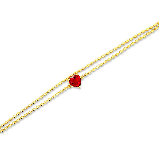 Sterling silver 2 row gold beaded bracelet with ruby heart in center