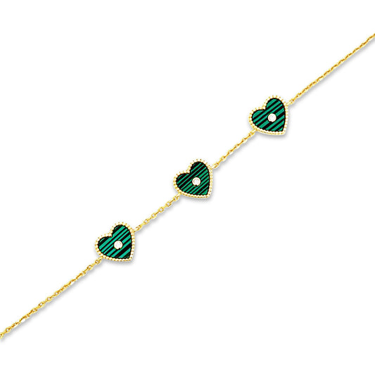 Sterling silver triple green onyx heart bracelet