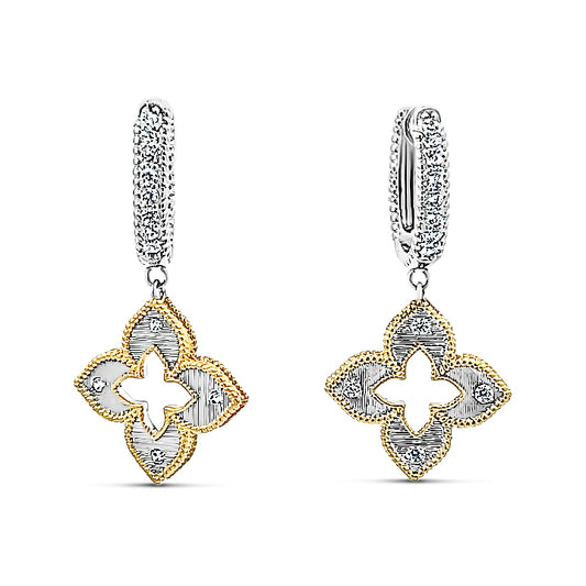 Sterling silver hanging clover earrings on pave diamond hoop