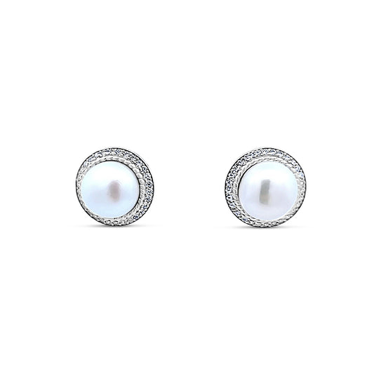 Sterling silver classic pearl earring with diamond halo