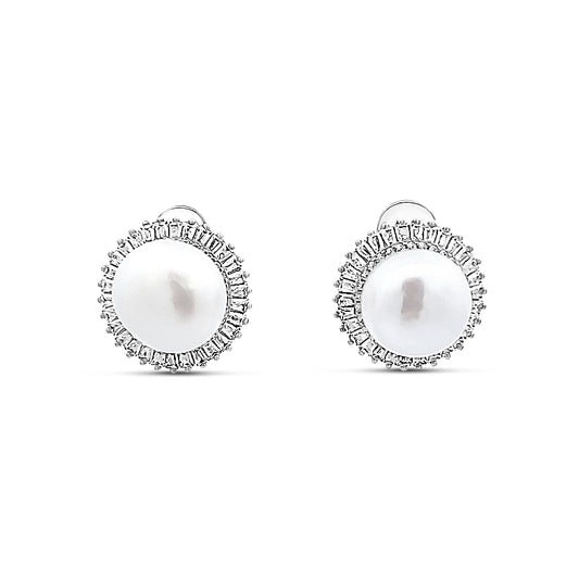 Sterling silver pearl earring with baguette halo