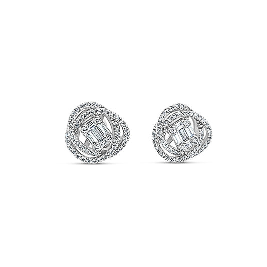 Sterling silver fancy swirl diamond studs with baguette center