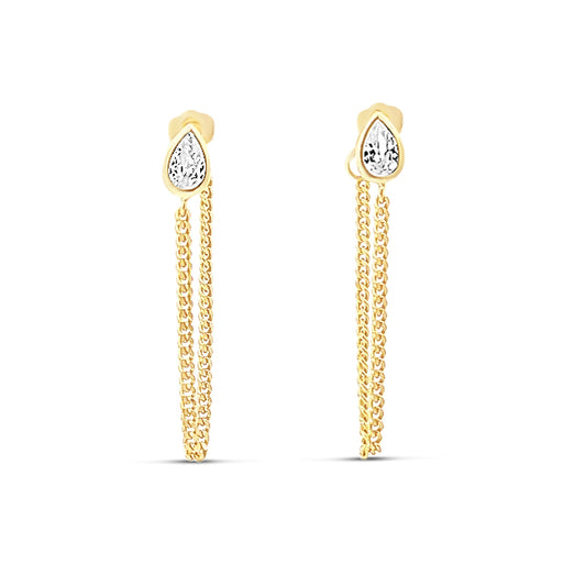 Sterling silver chain earrings with cz pear shape stud