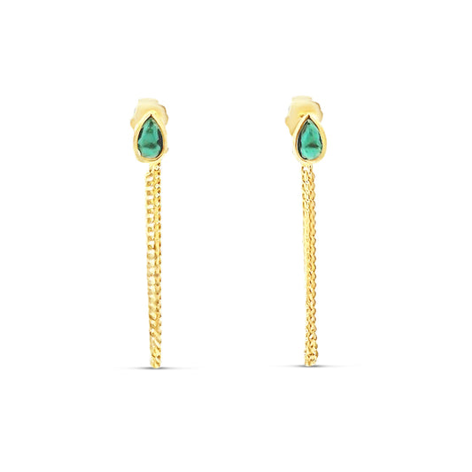 Sterling silver chain earrings with emerald pear shape stud