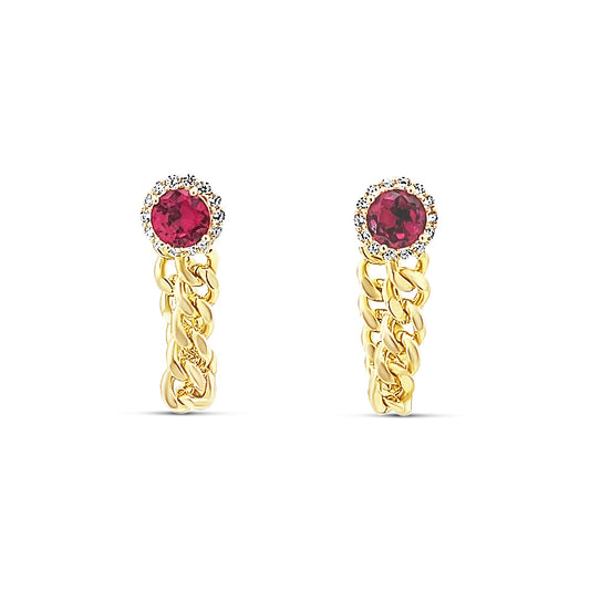 Sterling silver thick chain earring with ruby stud