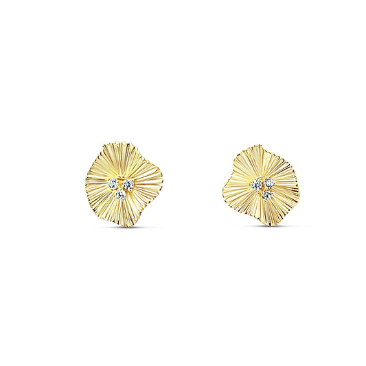 Sterling silver gold ruffled stud earring with diamond center