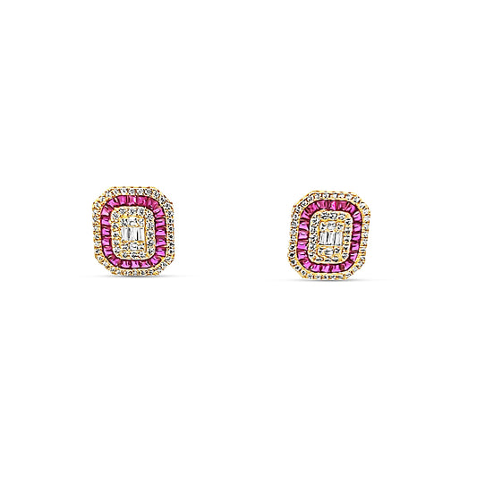 Sterling silver rectangular earrings with ruby and diamonds