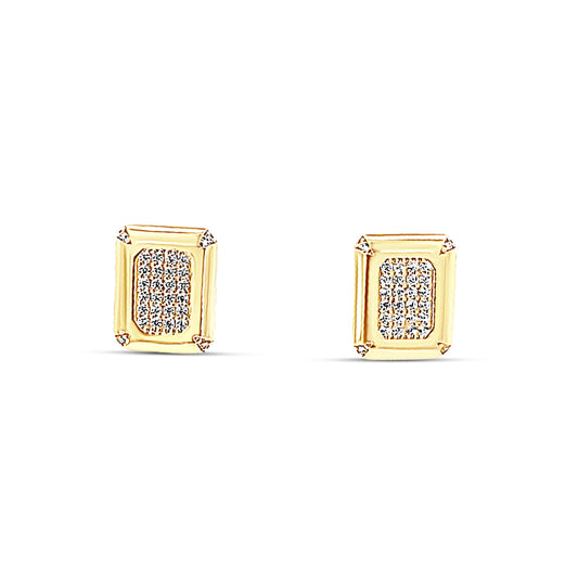 Sterling silver rectangular pave stud earrings with gold border