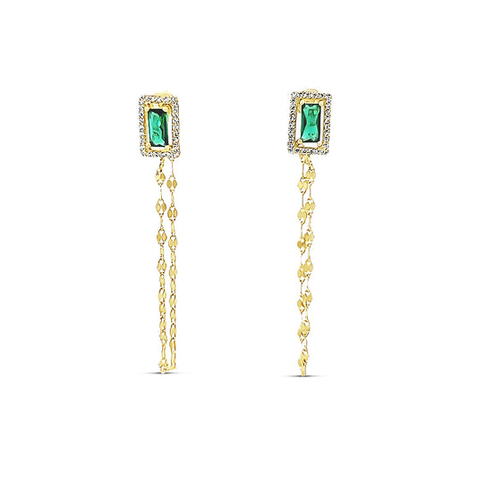 Sterling silver long chain earring with emerald stud