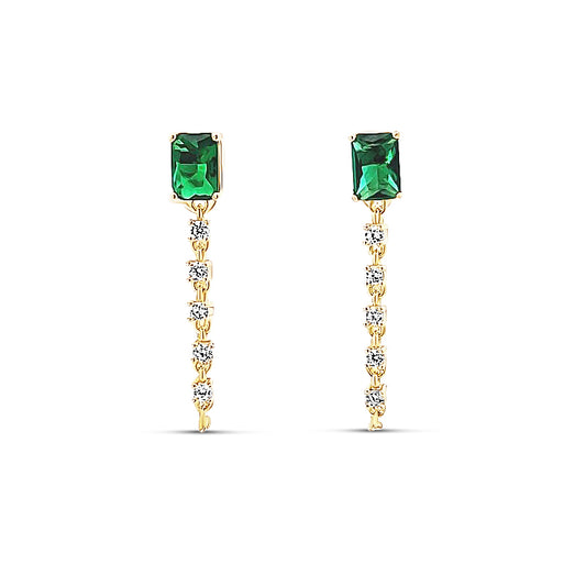 Sterling silver diamond chain earring with emerald stud