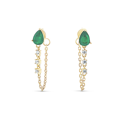 Sterling silver diamond chain earrings with pearl shaped emerald stud